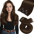 Moresoo Clip in Hair Extensions Real Human Hair Double Weft Human Hair Clip in Extensions Straight Medium Brown #4 5pcs 80g 16inch