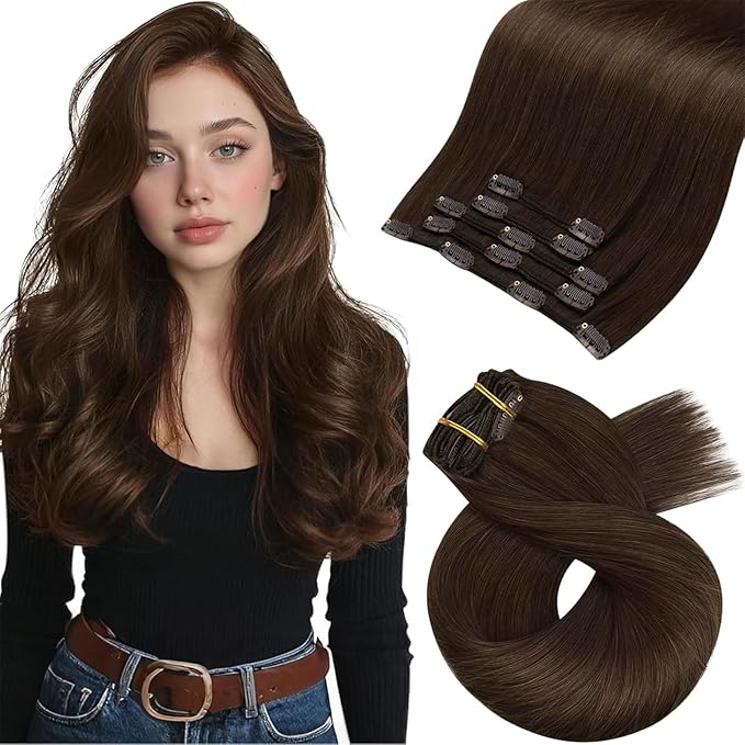 Moresoo Clip in Hair Extensions Real Human Hair Double Weft Human Hair Clip in Extensions Straight Medium Brown #4 5pcs 80g 16inch