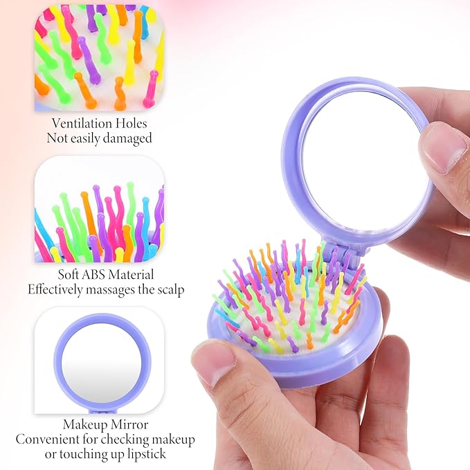 20 Pcs Folding Travel Hair Brushes with Mirror Round Folding Pocket Hair Brush Portable Mini Colourful Pop Up Hairs Brushes for Women Girls Men Makeup Operation Christmas