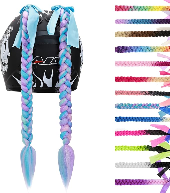 SEGO 1PCS/2PCS Helmet Pigtail Braids with Detachable Suction Cup Bowknot Ponytail Hair Many Colors (Helmet not Included)