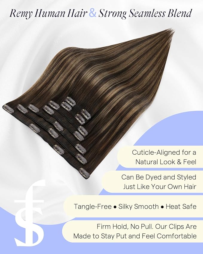 Full Shine Dark Brown Balayage Clip in Extensions Real Human Hair 20 Inch 150 G Brown Clip on Hair Extensions for Thickness 7 Pcs