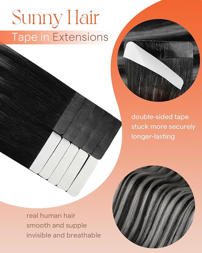 Sunny Hair Tape in Hair Extensions Real Human Hair Invisible Remy Hair Extensions Tape ins for Women Ombre Natural Black Root to Sliver Grey 24 inch 25G