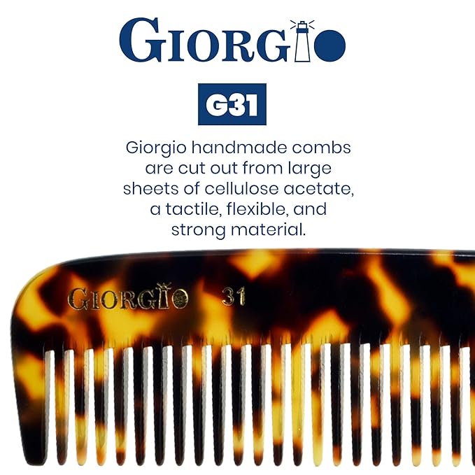 Giorgio G31 Fine Tooth Comb and Wide Tooth Hair Comb, Hair Styling Comb for Men, Grooming Hair Combs for Women, Mens Beard Care Combs for Detangling and Styling, Handmade Saw-Cut and Hand Polished
