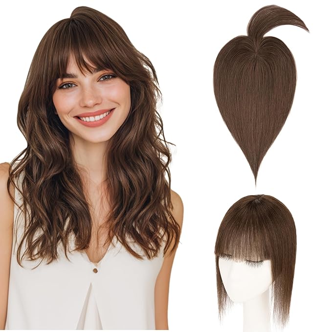 Hairro Mono Hair Toppers with Bangs, 3.4" x 3.4" Mono Base 100% Real Human Hairpieces for Women, 150% Density Clips In Topper for Greyish Thinning Hair, 20 Inch Dark Brown