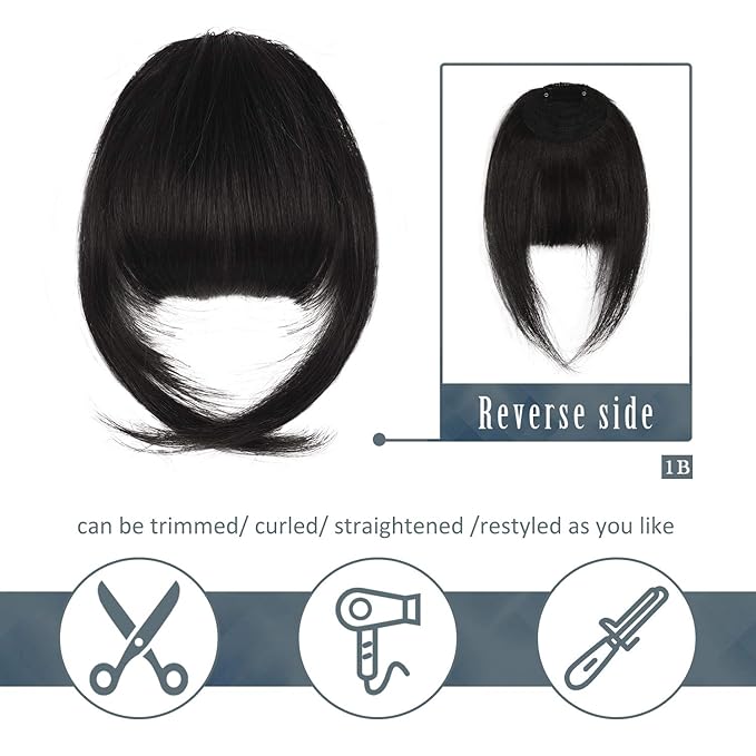 BARSDAR Human Hair Clip in Bangs - 100% Real Human Hair Clip in Bangs for Women - Natural Black French Bangs Fringe with Temples Real Hair Bangs Extensions Hairpieces - Natural Black
