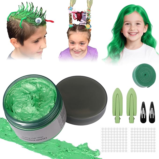 Temporary Hair Color Wax Kit, Stocking Stuffers for Teen Girls, Instant Hair Dye Color Wax Washable Natural Hair Color Cream for DIY Hairstyle on Crazy Hair Day, Children's Day, St. Patrick's (Green)