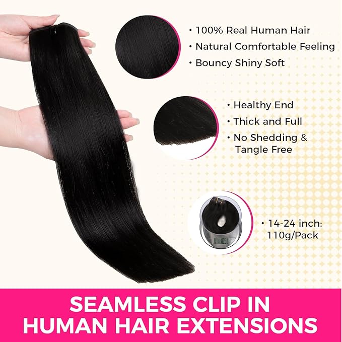 Lashey Seamless Clip in Hair Extensions Human Hair #1 Jet Black Light Yaki Straight Clip in Extensions Real Human Hair 7pcs 110g 14 Inch PU Weft Natural Hair Extensions for Women