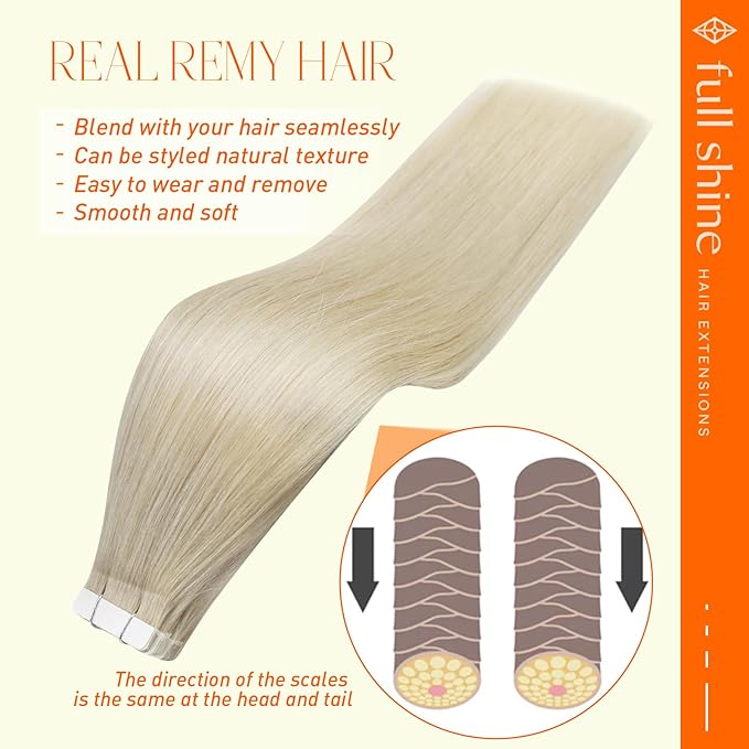 Full Shine Tape in Hair Extensions Human Hair 14 Inch Color 60 Blonde Hair Extensions Tape in Remy Hair Seamless Tape in Extensions 50G Brazilian Real Human Hair Silky Straight Thick Ends 20 Pcs