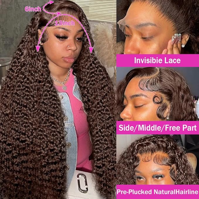 Anderah Chocolate Brown Deep Wave Lace Front Wigs Human Hair 200 Density 13x6 HD Lace Frontal Wigs Curly Human Hair Wig For Women Pre Plucked with Natural Hairline 4# Brown Color (28inch)
