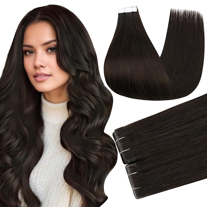 Full Shine Remy Injection Tape Hair Extensions Real Human Hair Double Sided Adhesive Human Hair Tape in Extensions Color 2 Darker Brown Invisible Extension 20Inch 50Gram Seamless Skin Weft 20Pcs