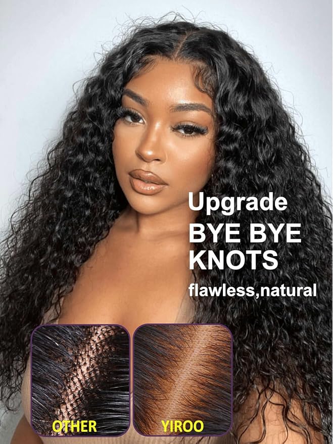 YIROO Bye Bye Knots Glueless Water Wave and Jerry Curly Drawstring Wig Human Hair, 7x5 Pre Cut Lace Front Glueless Wigs Pre Bleached Pre Plucked Wear and Go Wig for Women 150% Density 22Inch