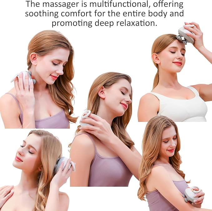 Multi-Functional Electric Scalp and Body Massager, Portable, Rechargeable with 3 Speed Modes and 4 Silicone Massage Heads for Relaxation, and Hair Growth
