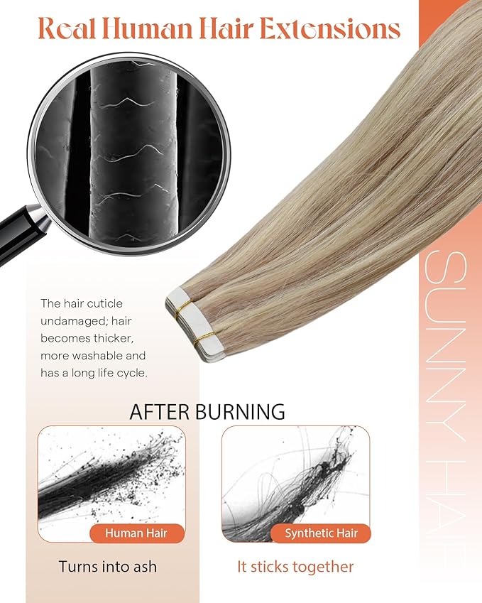 Sunny Hair Tape in Hair Extensions Real Human Hair Invisible Remy Hair Extensions Tape ins for Women Ash Blonde Highlight Bleach Blonde with Pink Hue 12 inch 40pcs 60g