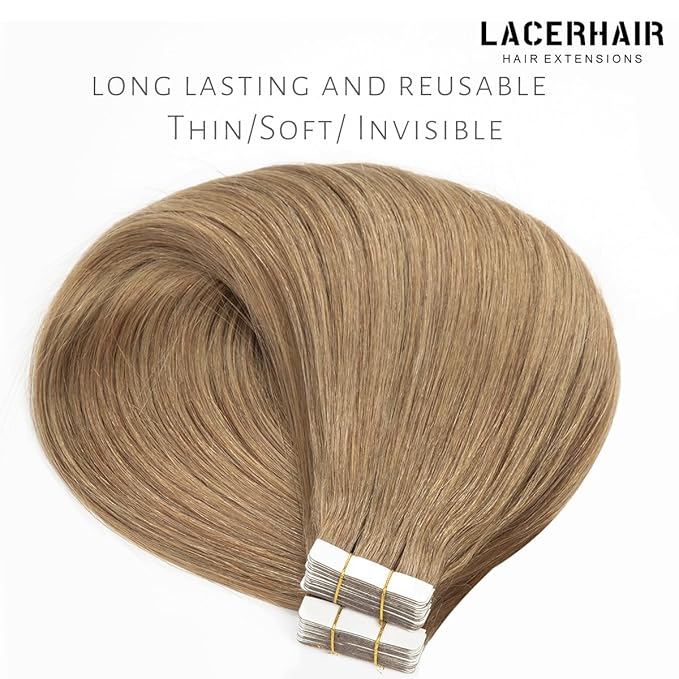 Lacer Tape in Hair Extensions Human Hair Skin Weft Gold Brown Remy Tape in Hair Extensions 14 Inch Full Thick Ends Adhesive Hair Pieces for Women 50g/20pcs