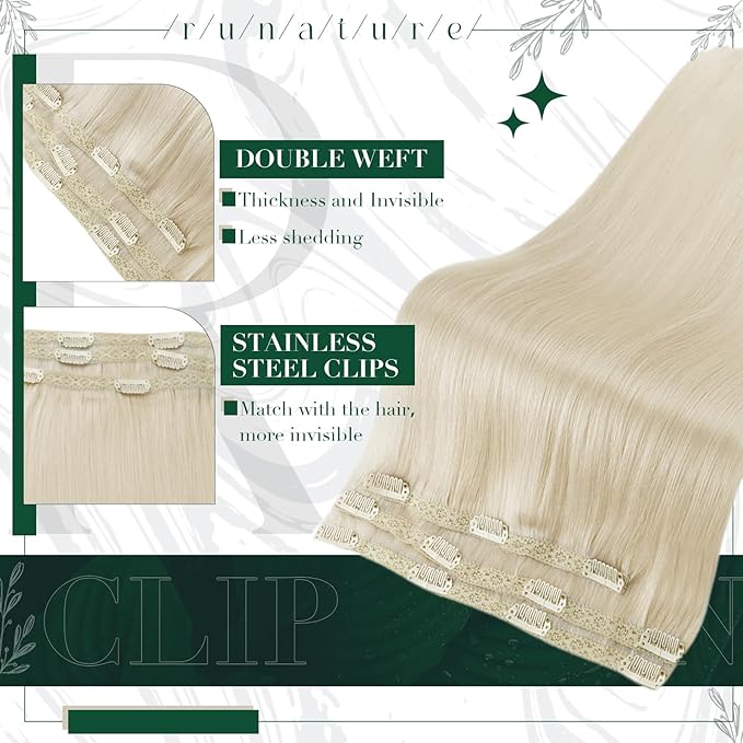 RUNATURE Blonde Human Hair Clip in Extensions, 18 Inch Clip in Hair Extensions Real Human Hair, Remy Straight Hair Clip Ins, Tangle Free Hair Natural Looking, 50g 3pcs #800 Platinum Blonde