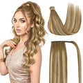 Ve Sunny Hair Extensions Ponytail Real Human Hair Wrap Around Clip in Ponytail Hair Extensions Straight Extensions Human Hair for Women Chestnut Brown Ombre Platinum Blonde Balayage 18inch 80G
