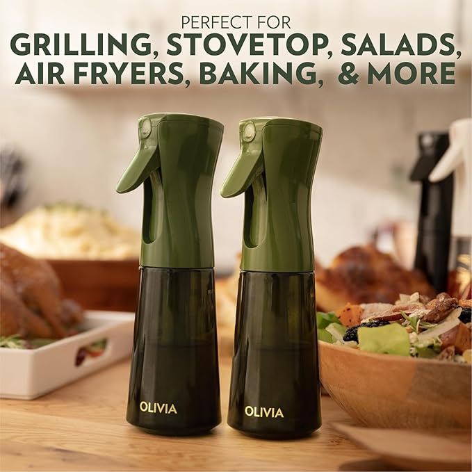 FLAIROSOL OLIVIA Oil Sprayer for Cooking, 2 Pack Green Glass Olive Oil Sprayer, 200ML Oil Dispenser for Kitchen, Continuous Oil Spray Bottle with Portion Control for Air Fryer, Salad, BBQ