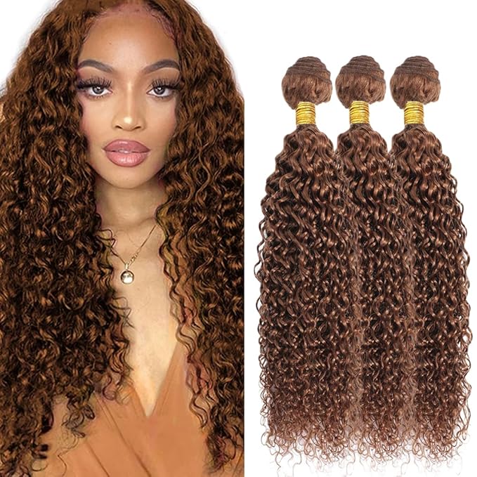 30 32 34 Inch Color #30 Human Hair Bundles Light Brown Water Wave Bundle Niegmeag Brazilian Virgin Soft and Silky Remy Hair Extensions Color #30 Wet and Wavy Bundle