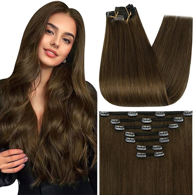 Full Shine Hair Extensions Clip in Real Human Hair Chestnut Brown Clip on Hair Extensions Invisible Brown Hair Full Head 18 Inch 7 Pcs 120 G