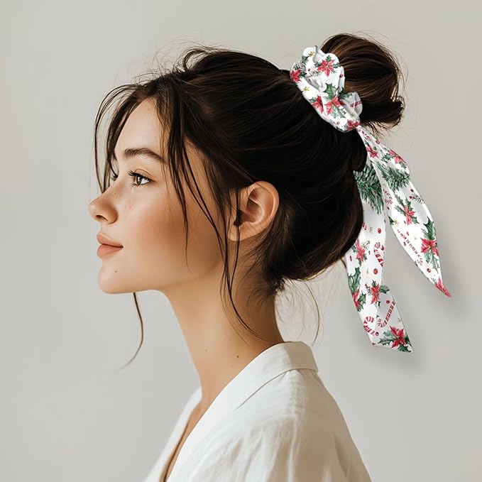 2 Piece Christmas Elastic Ribbon Bow Hair Ties Candy Cane Holly Knotted Bow for Ponytail Fashion Bow Hair Scrunchies with Flowing Tails No Damage