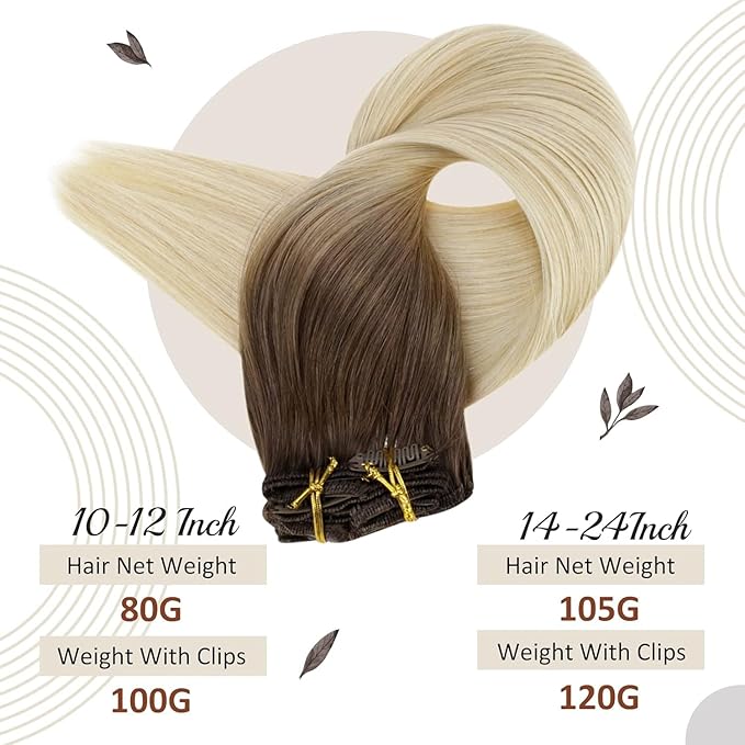 Full Shine Ombre Clip in Blonde Human Hair Extensions 16 Inch Straight Hair Clip in Extensions Dark Brown to Bleach Blonde 120 Grams 16 Inch