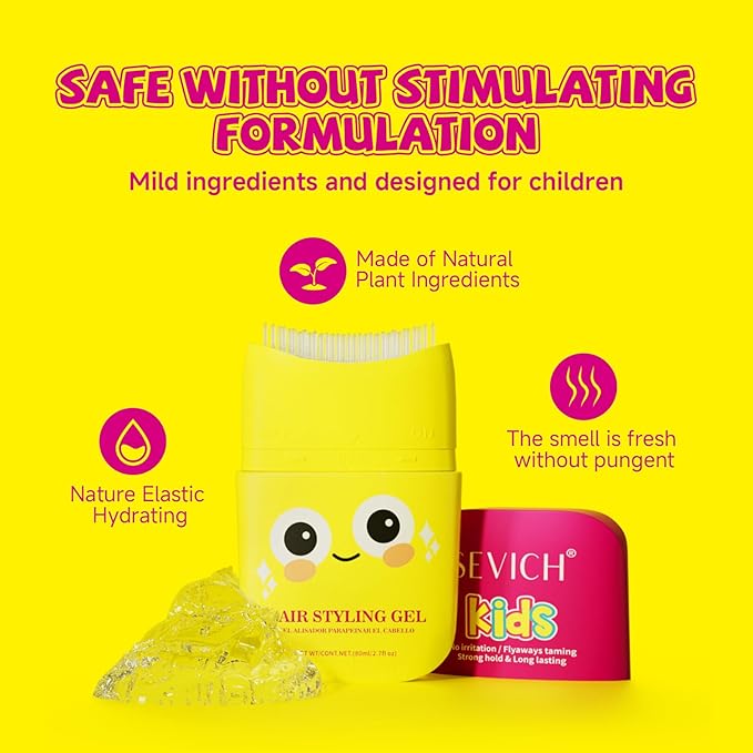 SEVICH Kids Hair Gel for Girls & Boys 80ml - Hair Finishing Stick Styling Gel for Kids, Plant-Based Formula with Comb Design, Frizz Control & Easy Wash (Cartoon Bottle)