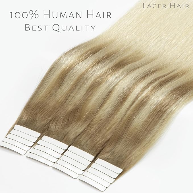 Lacer Hair Remy Tape in Human Hair Extensions Balayage #8/60 Light Brown to Platinum blonde Seamless PU Skin Weft Tape in Real Hair Extensions Double Side 50g 20pcs/set 14 inch