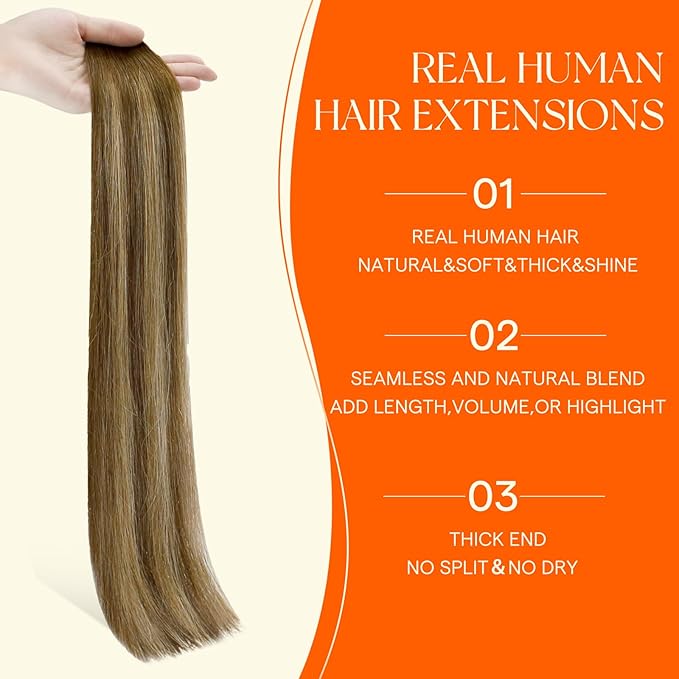 Full Shine Machine Remy Tape in Hair Extensions 20 Inch Color 4/24/4 Brown Fading to Blonde and Brown Real Skin Weft Tape in Extensions Human Hair 50G Double Sided Brazilian for Wedding 20Pcs