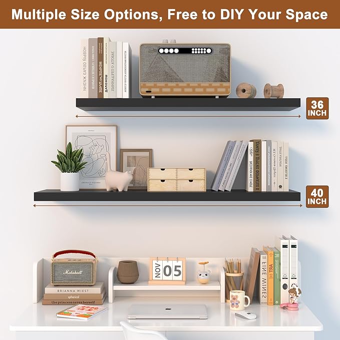 12 Inch Deep Floating Shelves for Wall 2 Pack Floating Shelves Large Storage Space Wall Mount Shelf for Living Room Kitchen Bathroom 36" W x 12" D x 1.2" H Black