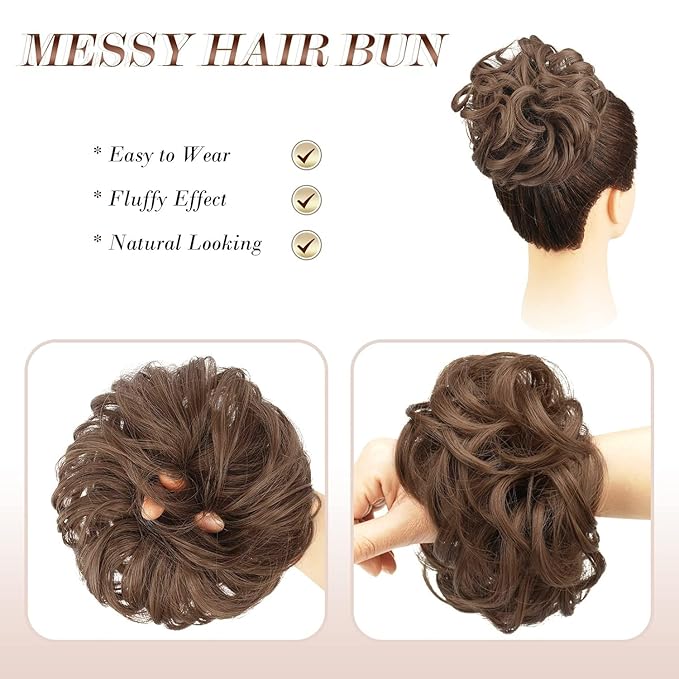 FESHFEN Messy Bun Hair Piece - Elastic Wavy Curly Hair Bun Scrunchies Extensions Synthetic Chignon Hairpieces for Women Girls, Medium Auburn 1.5 oz