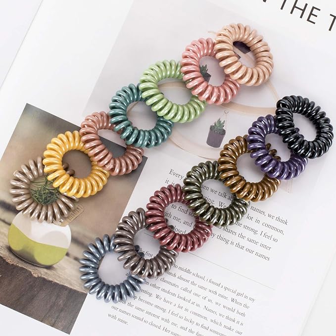 79STYLE 30pcs Plastic Spiral Hair Ties - No Crease Coil Scrunchies for Thin, Thick or Curly Hair (Classic 15 Colors - Mini Size)