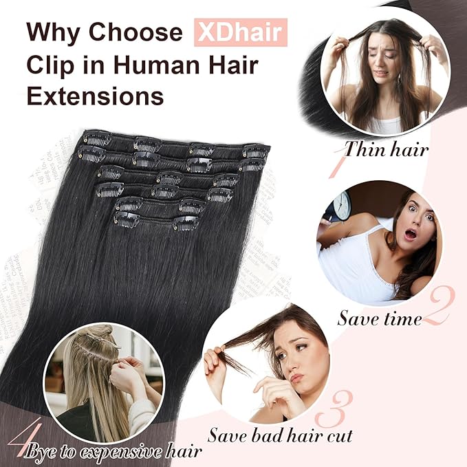 XDhair Clip in Hair Extensions Human Hair 120g 18Inch Black Clip Remy in Hair Extensions 6Pcs Straight Real Hair for Women (#1,18Inch)