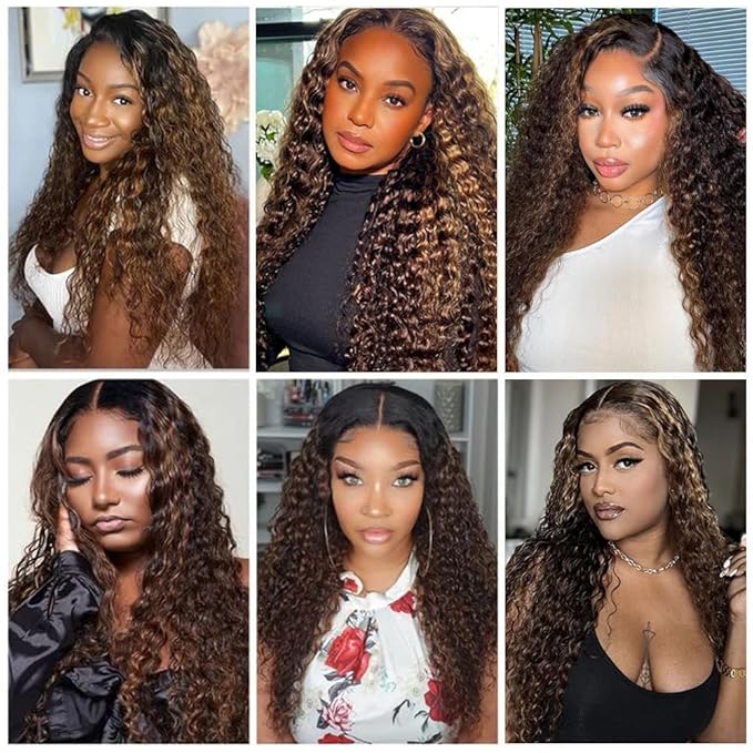 FB30 Highlight Ombre Curly Clip In Extension Human Hair 3C 4A Kinky Curly Clip Ins Full Head for Black Women Brazilian Remy Human Hair Balayage Brown 8Pcs with18clips 120g/Set (16 inch)