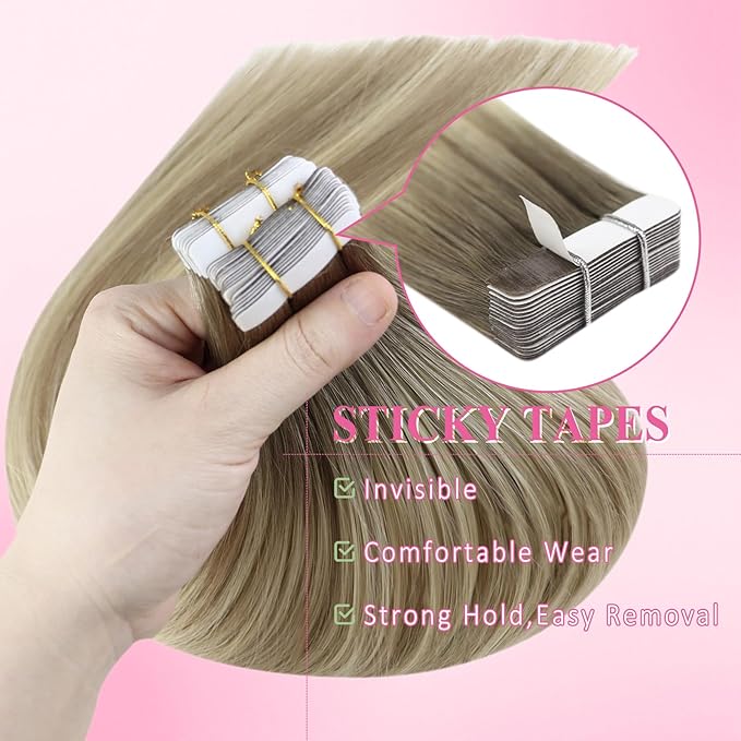 YoungSee Tape in Extensions Human Hair Ombre Blonde Tape in Hair Extensions Ash Blonde Ombre Platinum Blonde Tapes ins Human Hair Extension 14In 20pcs 50g Tapein Hair Extension Real Human Hair