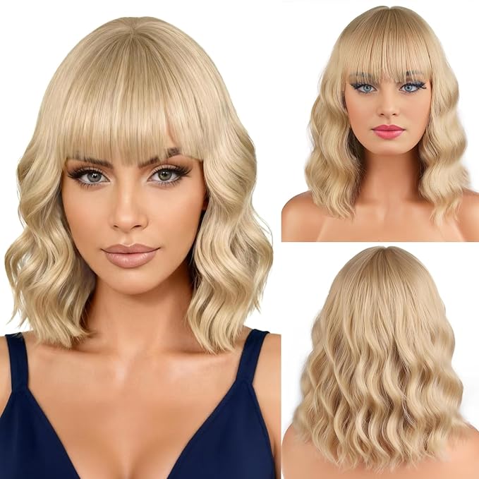 BERON 14 Inches Blonde Wig Short Curly Wigs for Women Ash Blonde Synthetic Wigs with Bangs Wig Cap Include