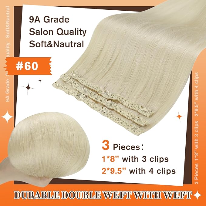 Full Shine Human Hair Extensions Clip ins Blonde Hair Extensions Real Human Hair Blonde Clip in Hair Extension Natural Straight With Lace Weft 12 Inch for Short Hair Softness 3 Pcs 60 Grams