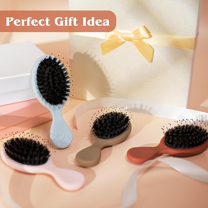 Mini Boar Bristle Hair Brush - Boar & Nylon Bristle Small Brush for Women Kids Long Short Hair to Smooth Add Shine - Travel Size Hair Brush for Purse,Pocket - Brown