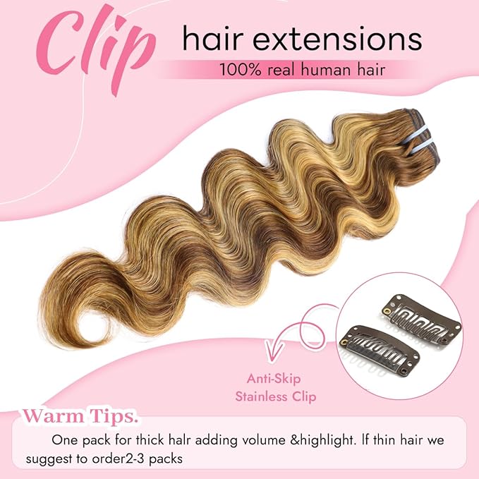 Clip in Hair Extensions Real Human Hair Body Wave #4/27 Chocolate Brown to Honey Blonde 100% Brazilian Remy Human Hair Extensions 8pcs Per Set with 18 Clips Double Weft 18 Inch 80g/3.6oz