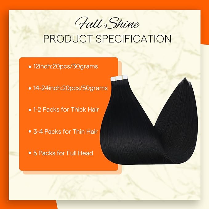 Full Shine Black Hair Extensions Skin Weft Color Jet Black 16 Inch Seamless Soft Natural Tape in Remy Invisible Human Hair Extension for Women 20Pcs 50Grams Brazilian Silky Add Volume