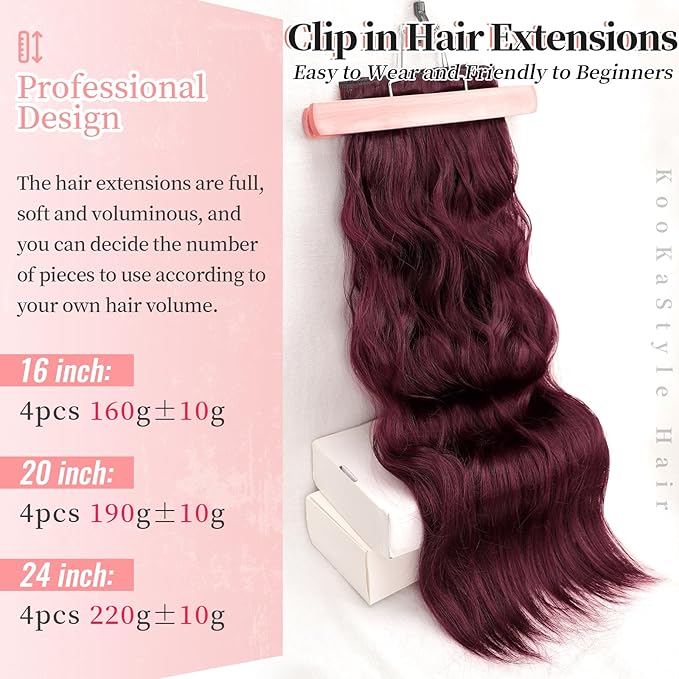 KooKaStyle Burgundy Clip in Hair Extensions for women Synthetic Heat Resistant 4PCS Thick Long Wavy Hairpieces 24 Inch