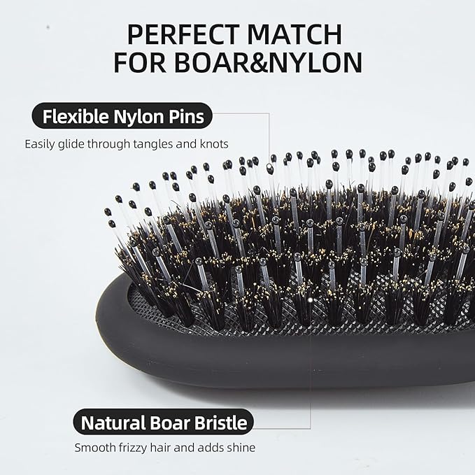 Boar Bristles Hair Brush for Women and Men, Detangling Hair Brush for Smoothing Massage Add Shine, Nylon&Boar Bristles Detangler brush for Hair Healthy (Medium-Black)