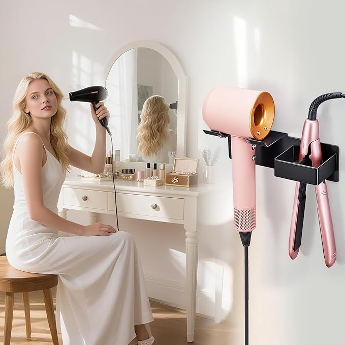 Hair Dryer Holder, Hair Straightener Holder Wall Mount, Hair Tool Organizer, Hairdryer and Straightener Holders, Adhesive Hair Tool Storage for Blow Dryer, Curling Iron, Flat Iron Stand (Black)