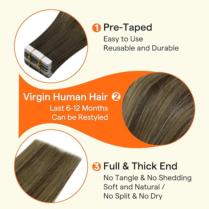 Full Shine Insert Virgin Tape in Hair Extensions Color Balayage Medium Brown to Blonde and Brown 14 Inch Intact Human Hair Invisible Tape in Extensions 10Pcs 25Grams Quick Install for Office Look