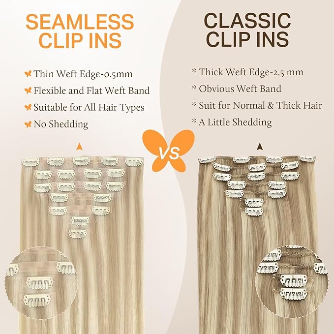 DOORES Seamless Clip in Hair Extensions - Dark Blonde Highlighted Bleach Blonde, 120g, 24 Inch, 7pcs - Invisi Edge Human Hair, Straight