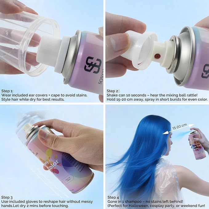 Blue Temporary Hair Color Spray, SOVONCARE Natural Hair Wax Dye Spray for Kids Halloween, Christmas Party, Cosplay -On 1-Day Washable 120ML