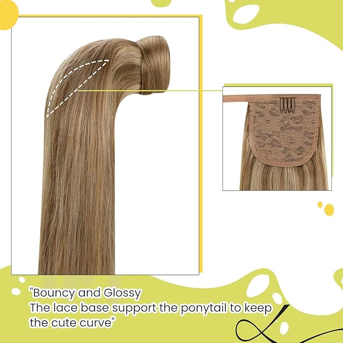 RUNATURE Human Hair Ponytail Extension Blonde Ponytail Hair Extension Dark Blonde Highlight Caramel Blond Short Ponytail Human Hair Extensions Straight Pony Tails Hair Extension 12 Inch 70g
