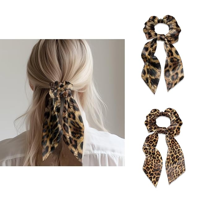Leopard Print Hair Ties Elastic Ribbon Brown Knotted Bow Scrunchies Lightweight Scraf Scrunchy Stretchy Aesthetic Accessory Pack of 2