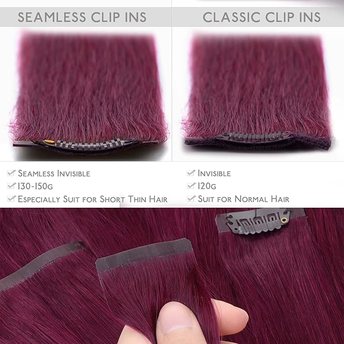 WENNALIFE Seamless Clip In Hair Extensions Human Hair, 14 Inch 130g 7pcs Light Burgundy Real Hair Extensions Clip in Human Hair Invisible PU Skin Weft Natural Remy Human Hair Extensions