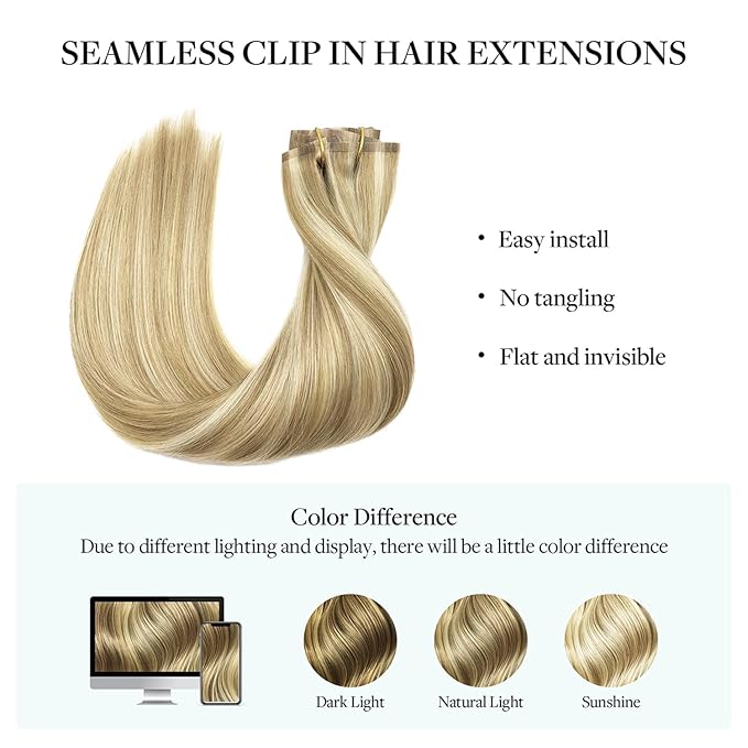 DOORES Hair Extensions Seamless Clip in Real Human Hair, Light Blonde Highlighted Golden Blonde 24 Inch 120g 7pcs, Human Hair Extensions Skin Weft Remy Straight Hair Invisi Edge Hair Extensions