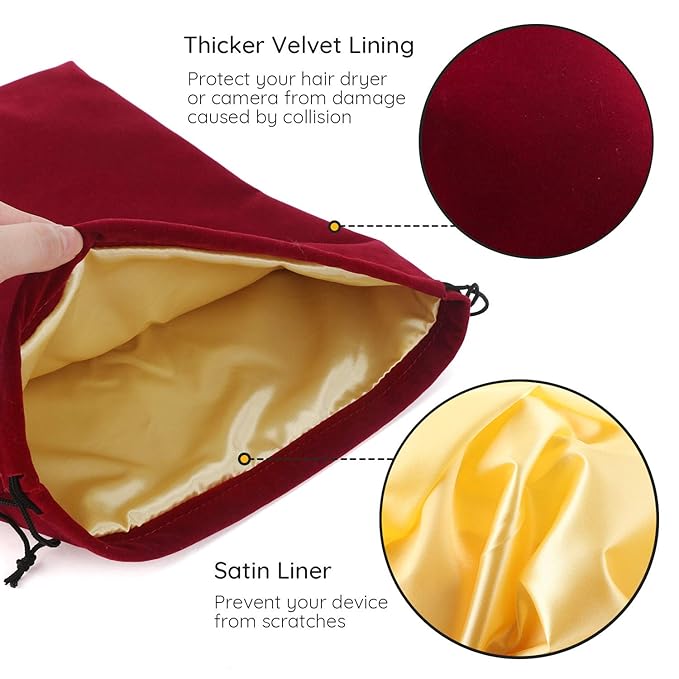 Segbeauty 3Pcs Hair Dryer Storage Bag, Blow Dryer Bag, 11.8x15.7 inches Satin Lined Organizer with Drawstring Wine Red Velvet Pouch Bag for Diffuser Straighteners Brush Clothes Gift Present